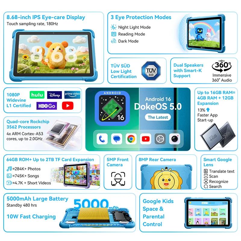 Tablette pour enfants Blackview LINK 1, écran HD IPS de 8,68 pouces, 4 Go de RAM, 64 Go de stockage,