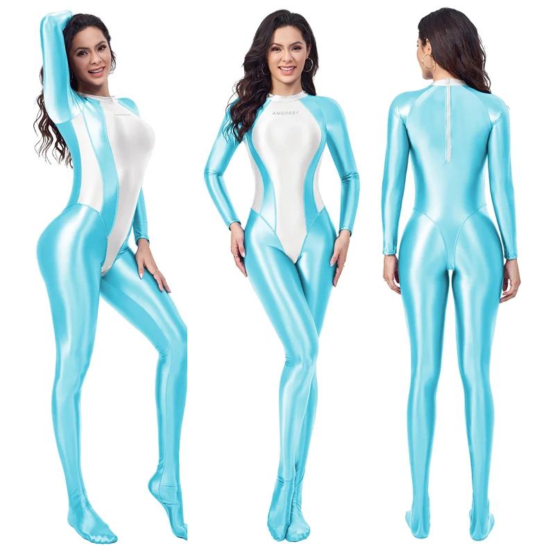 AMORESY brillant femmes corps costumes combinaison serrée huileux lisse brillant sport cyclisme Fitn
