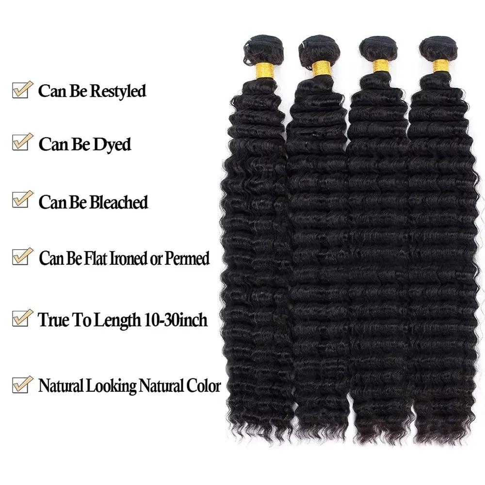 Extensions de Cheveux Humains Brésiliens Remy Longs, Couleur Naturelle, Bundles Profonds, 1/3/4 Pièc
