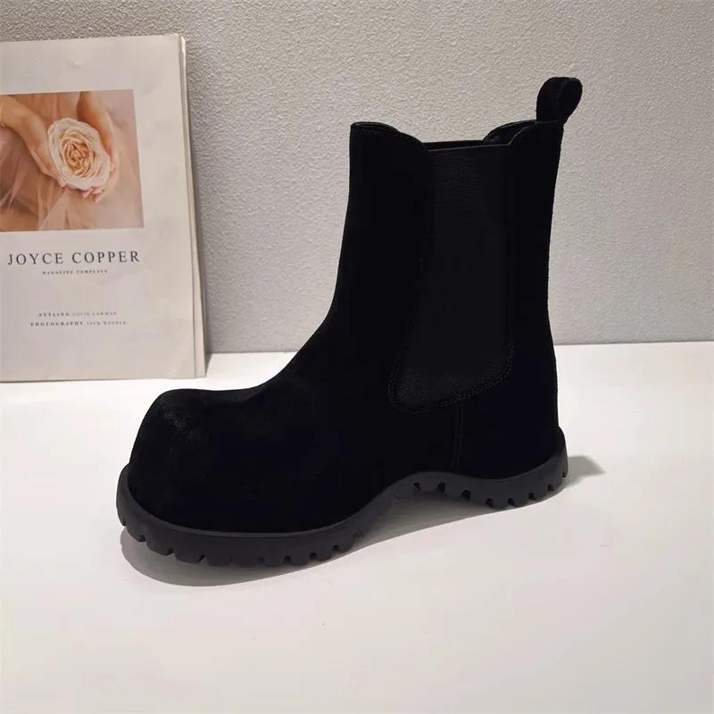 Bottines en daim marron et noir à bout rond large, à enfiler, avec sangle élastique, tendance automn