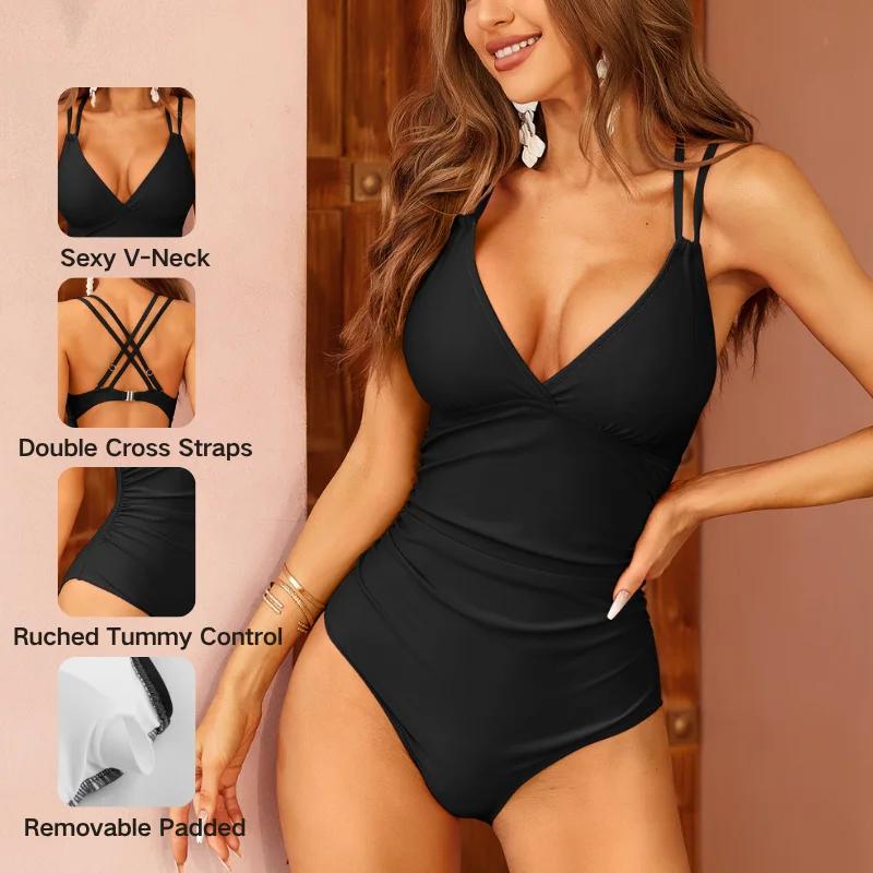 Maillot de bain une pièce Anfilia sexy col V femme - Monokini bretelles croisées dos - Bretelles doubles élégant