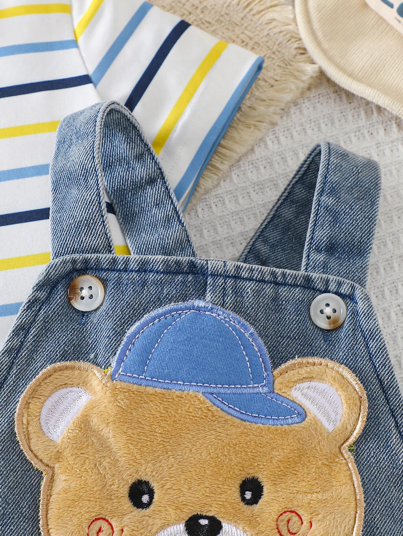 Ensemble t-shirt rayé à manches courtes et salopette en jean pour bébé garçon, ensemble deux pièces