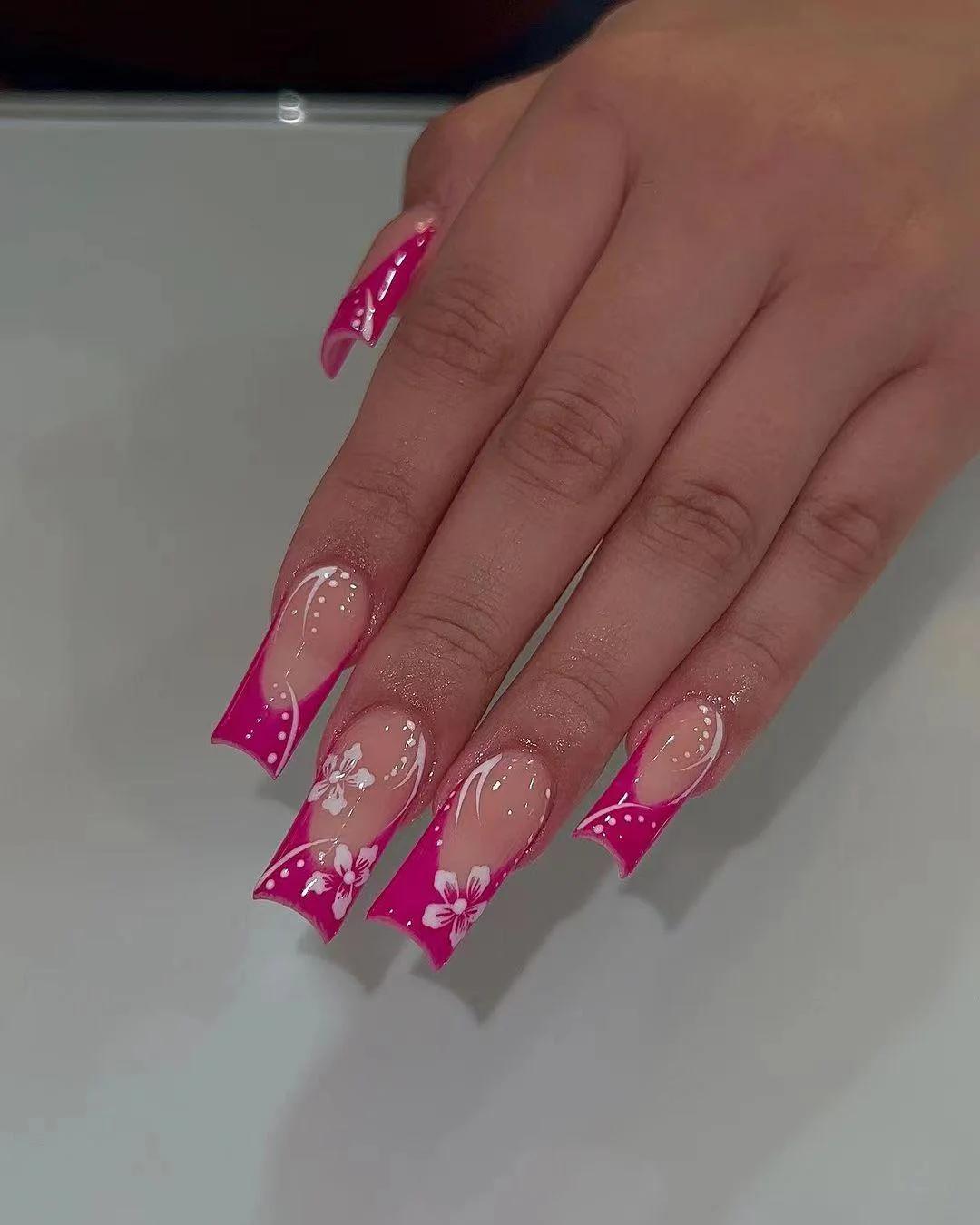 24 faux ongles en forme de cercueil imprimé rouge fleur de cerisier douce, couverture complète, blan