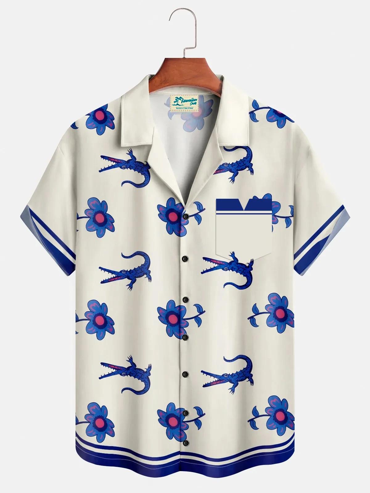 Chemise Crocodile florale pour hommes, chemise hawaïenne d'été à manches courtes, chemise à revers,