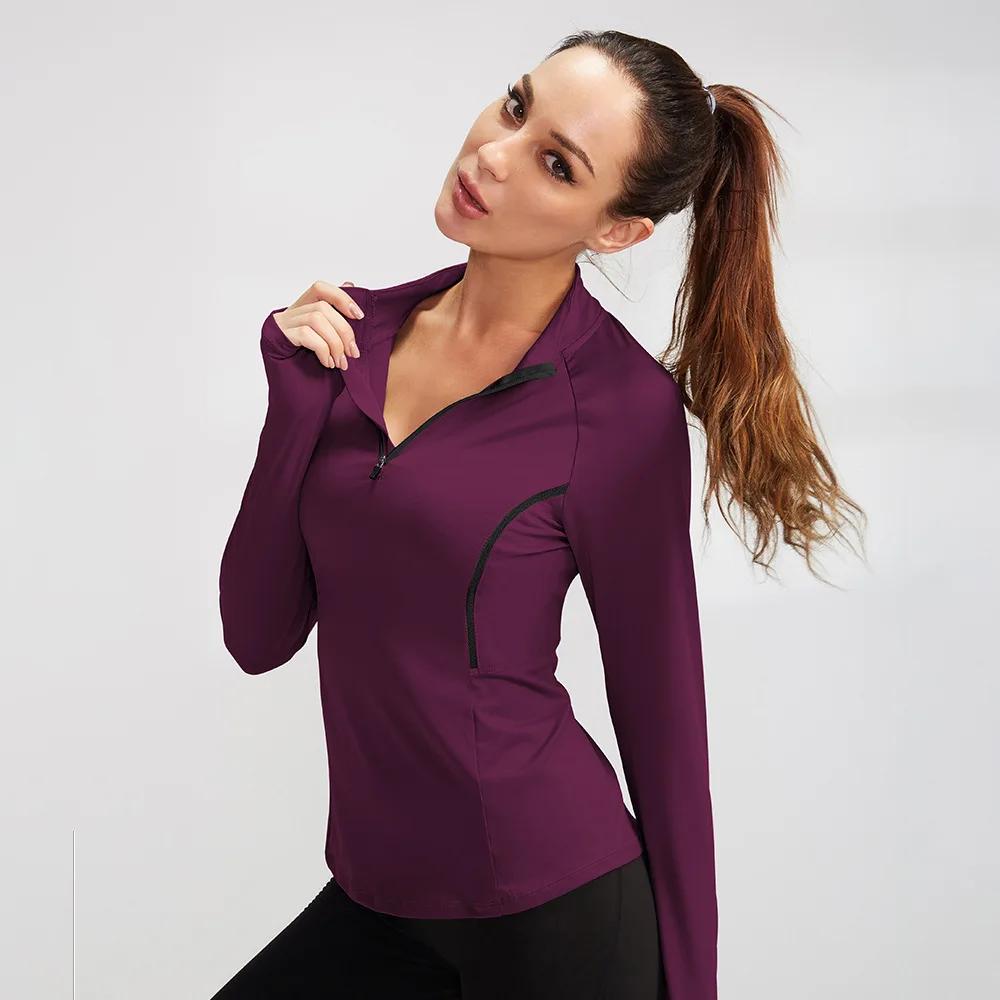 Femmes automne à manches longues Sport hauts de course col debout chemises d'entraînement de gymnast