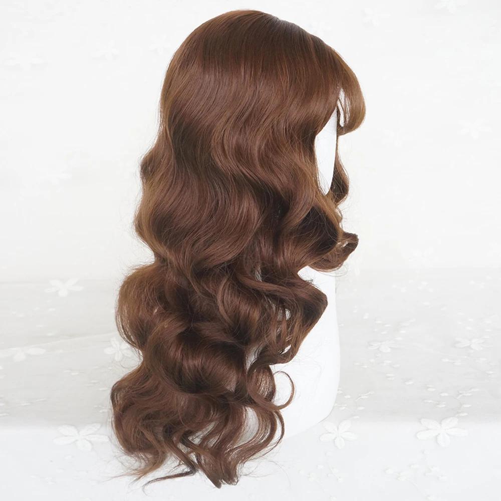 Perruque synthétique longue ondulée marron avec frange pour femmes, perruque de Cosplay Lolita moell