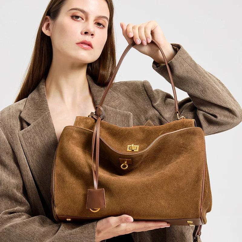 Sac à main en daim et cuir véritable pour femmes, sac à bandoulière de grande capacité, fourre-tout