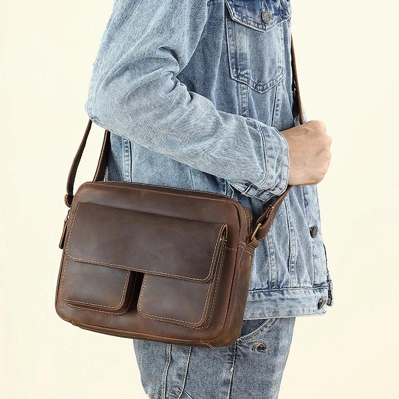 Sac messager vintage en cuir Crazy Horse – Cartable à bandoulière en cuir de vache de grain supérieu