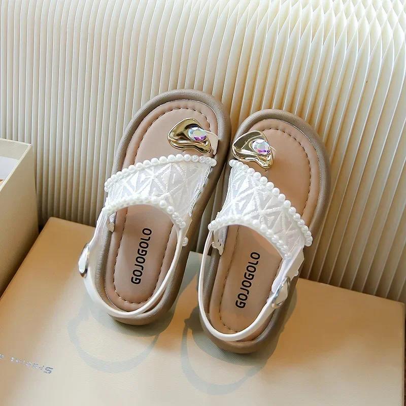2025 été nouveaux enfants princesse perle Cool pantoufles pour fille anti-dérapant plage sandales or