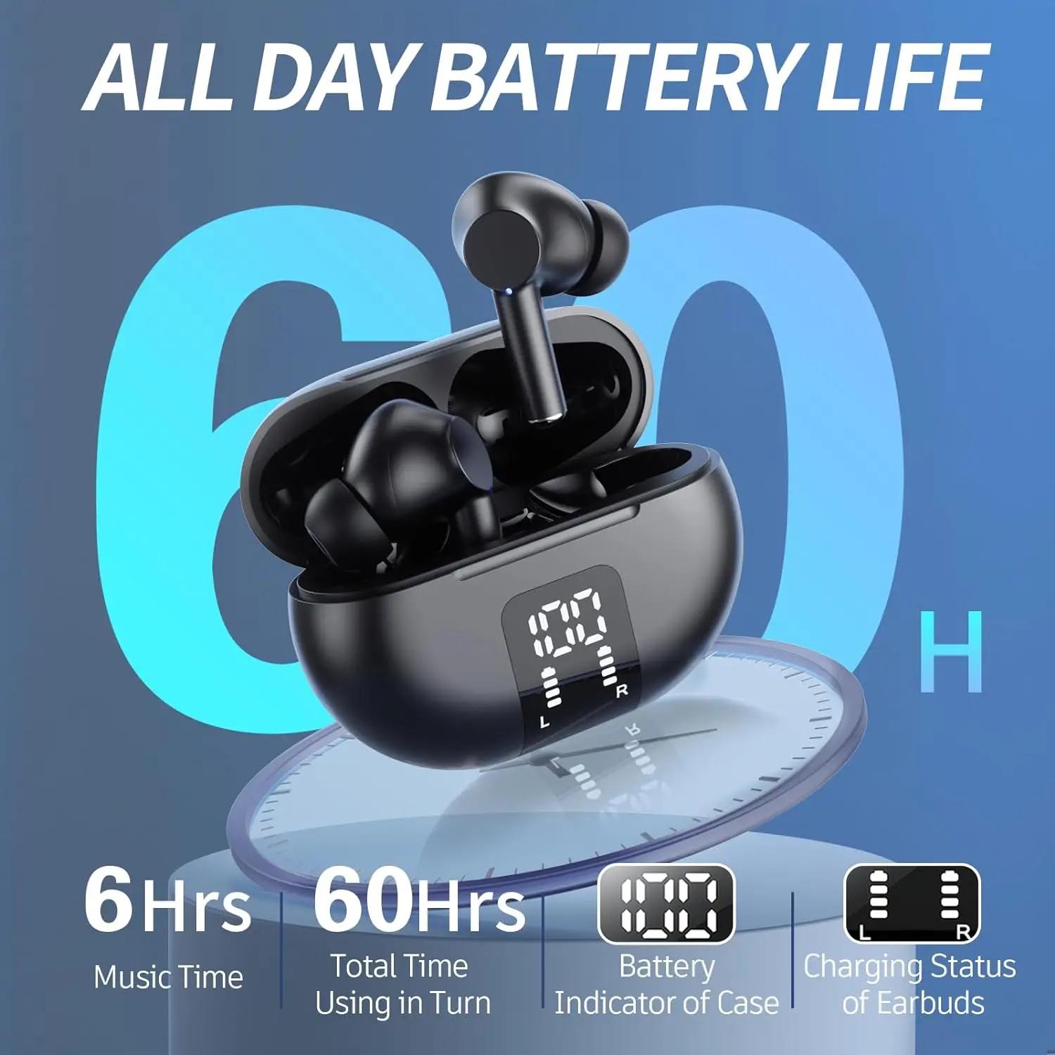 Écouteurs sans fil Bluetooth 5.3, lecture 60H, affichage de puissance LED, écouteurs, micro, suppres