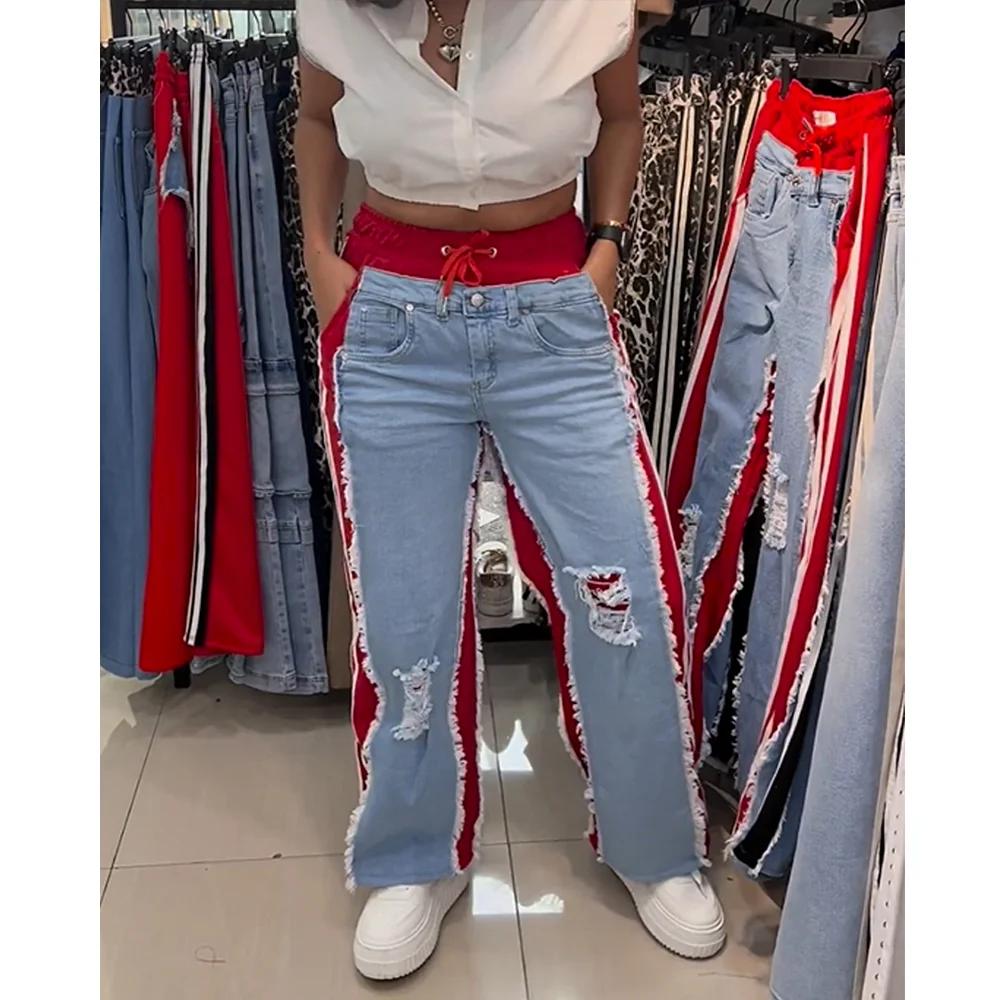 Jean déchiré taille haute pour femmes, pantalon Patchwork en détresse contrasté, Streetwear, jambes