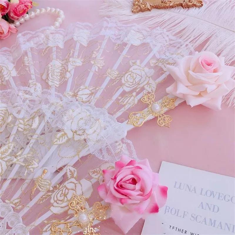 Éventail Gothique Lolita Victorien en Dentelle pour Femme, Vintage, Noir, Blanc, Rouge, Rose, Bambou