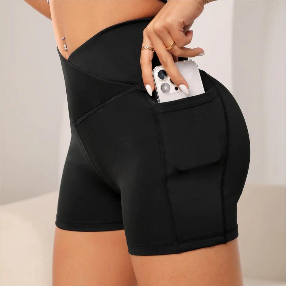 Short motard yoga taille haute femme - Pantalon fitness avec poche croisée pour entraînement