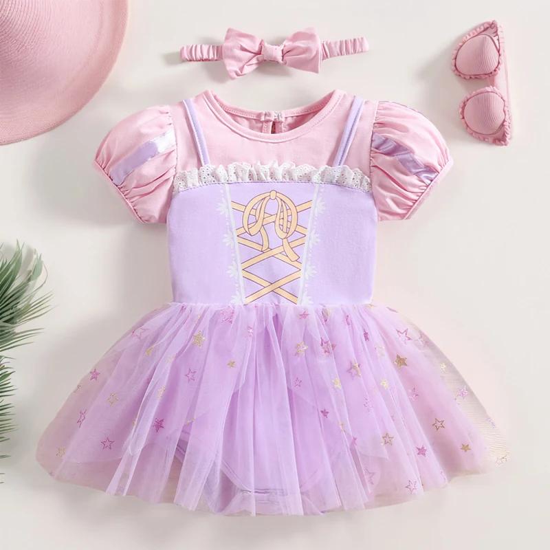 Robe de combinaison pour bébé fille, barboteuse de princesse avec bandeaux, vêtements pour enfants,