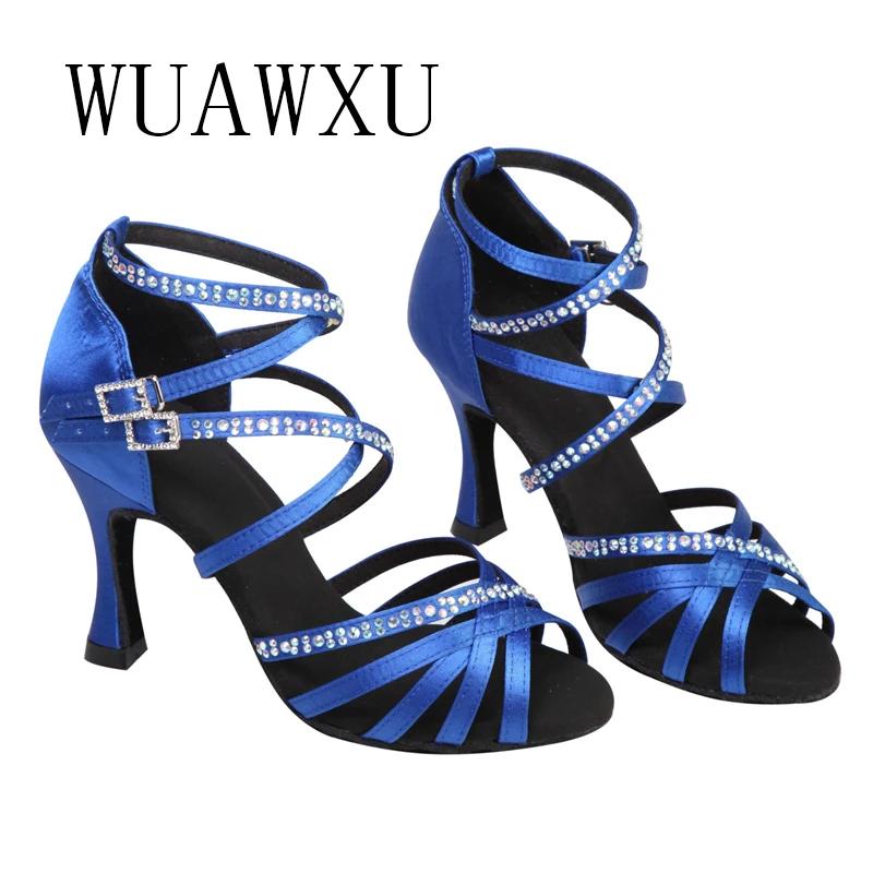 Nouveau Chaussures De danse latine incrustées De diamant Satin bleu 9cm talon haut femme adulte seme