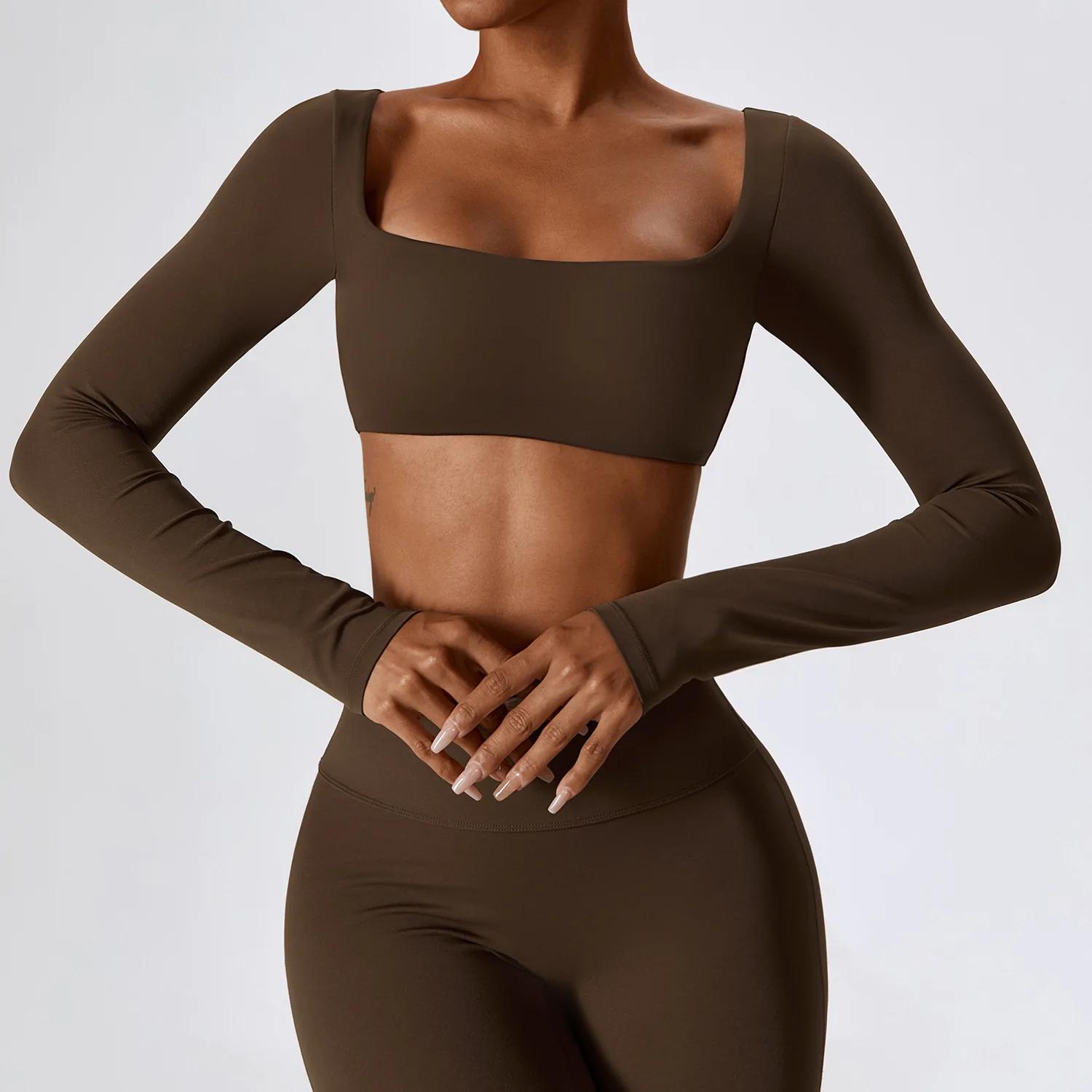 Crop top yoga femme manches longues - Haut sportif sexy nombril exposé séchage rapide fitness
