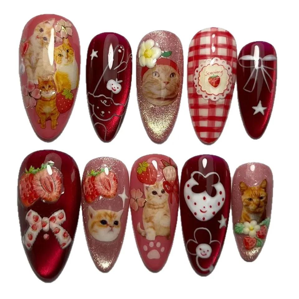 24 pièces fraise oeil de chat presse sur ongles japonais Vintage Style amande faux ongles mignon cha