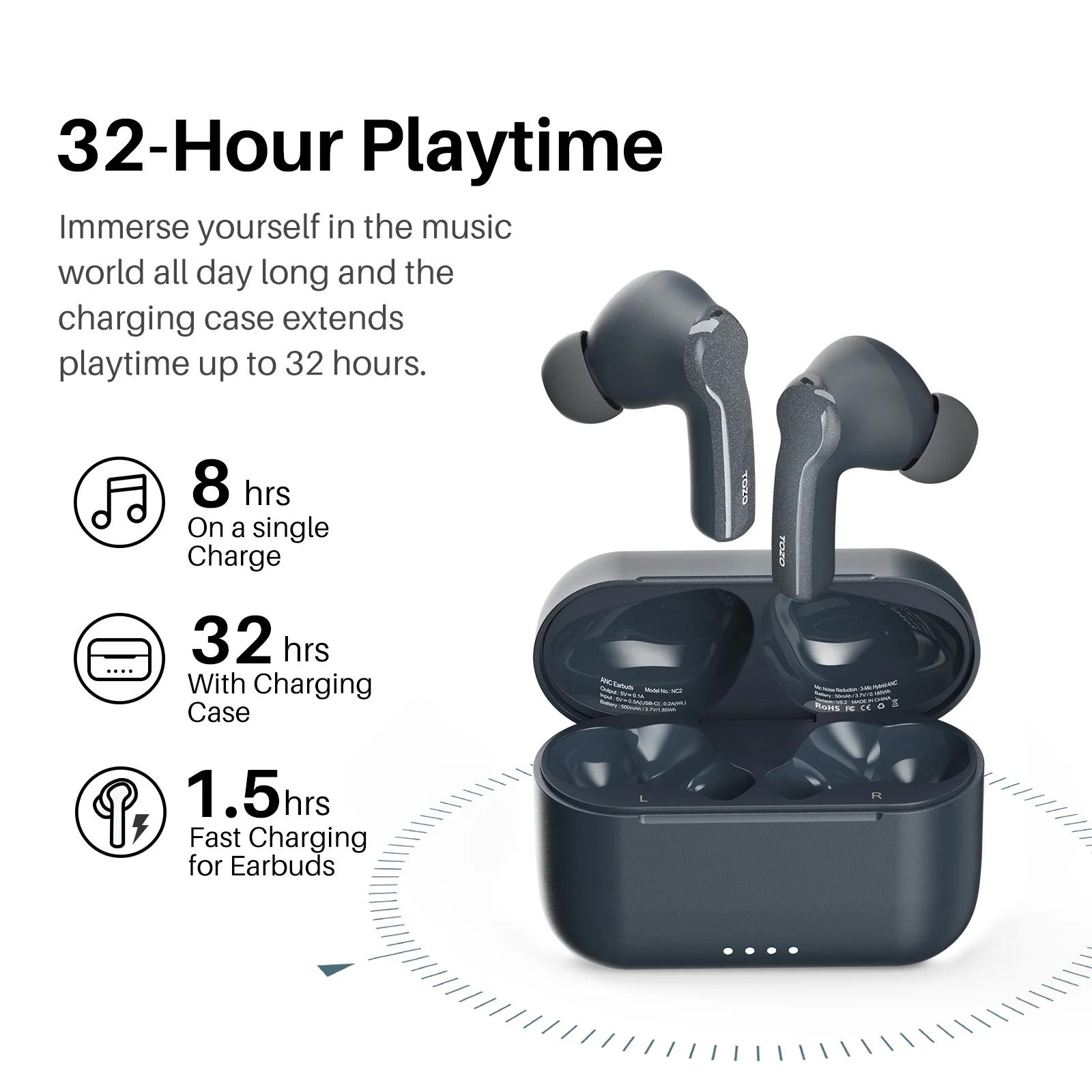 TOZO NC2 Écouteurs Bluetooth avec annulation active du bruit hybride, Écouteurs sans fil avec son im