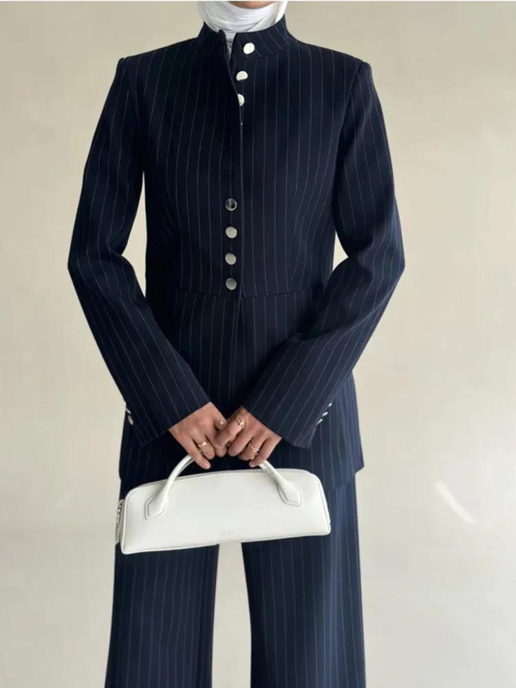 VTKW Nouvelle Collection 2026 – Ensemble Blazer et Pantalon Large Bleu Marine à Rayures Fines pour F