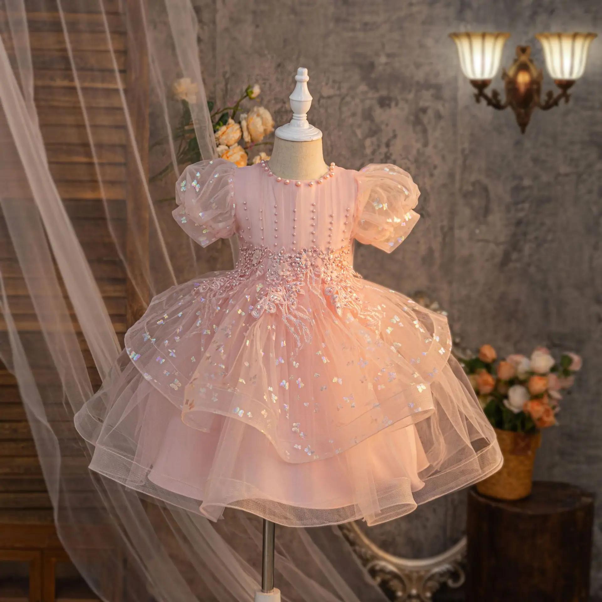 Jupe moelleuse brodée de perles avec nœud pour filles, robe d'été en maille pour anniversaire de béb