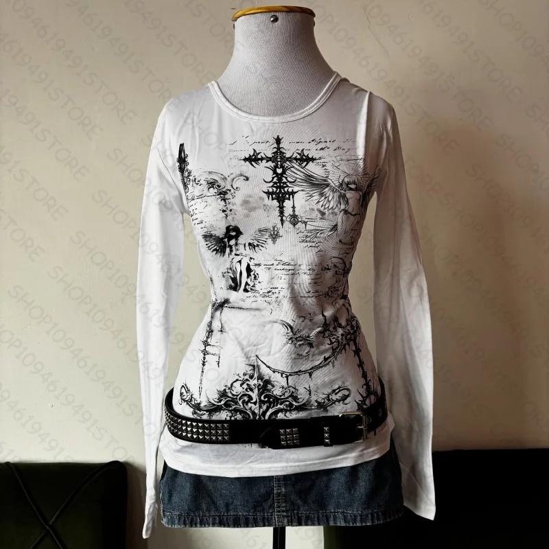Y2k style esthétique doux et sexy haut à manches longues pour femmes décontracté gothique punk impri