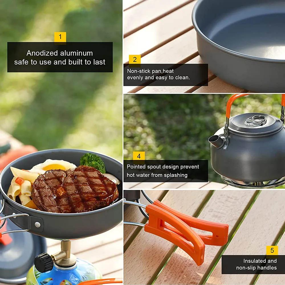 Batterie de cuisine de Camping en plein air en aluminium, avec sac en filet, ensemble de cuisine pli