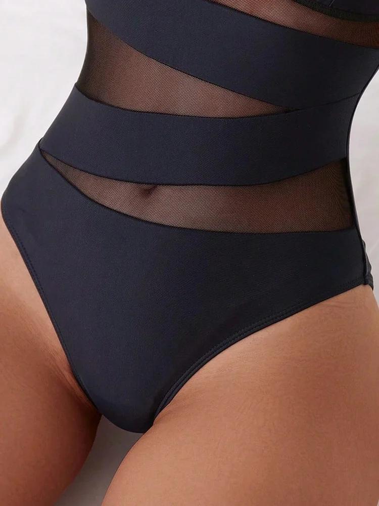 Maillot de bain une pièce noir licou sexy - Monokini col en V maille nouvelle collection 2026 femmes