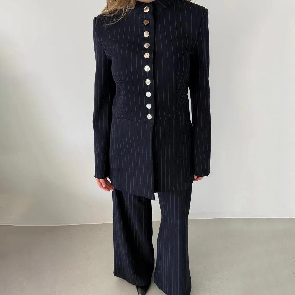 VTKW Nouvelle Collection 2026 – Ensemble Blazer et Pantalon Large Bleu Marine à Rayures Fines pour F