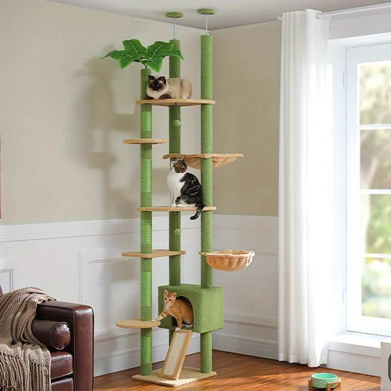 Grand arbre à chat du sol au plafond, tour d'arbre à chat réglable avec condo pour chat, hamac et gr