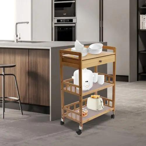 Chariot de Cuisine Roulant en Bambou avec Support de Rangement, Étagères à 3 Niveaux, Organisateur,