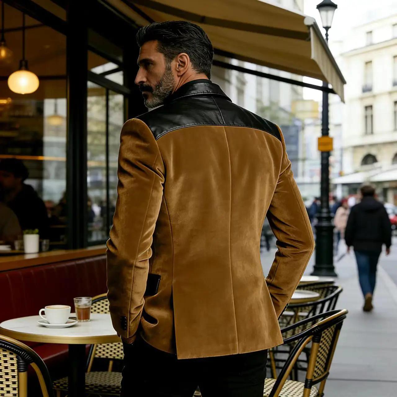 Blazer en velours camel pour homme avec patchwork en cuir, coupe ajustée, veste de smoking formelle