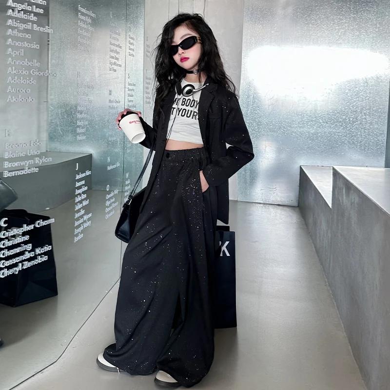 Design adolescente costume brillant ensemble noir gris Blazer + pantalon à jambes larges 2pc junior
