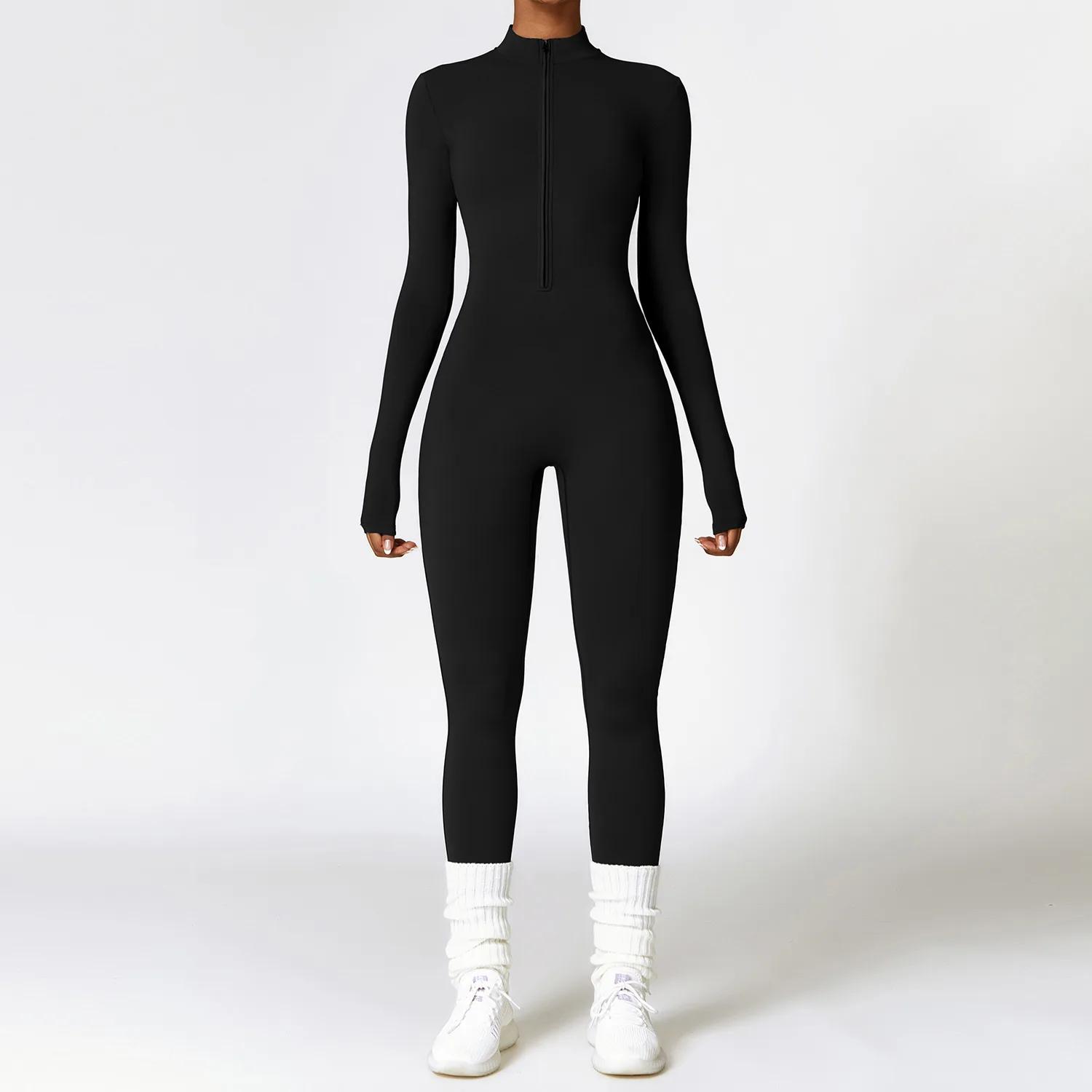 Vêtements de sport une pièce à manches longues pour femmes, barboteuse de Yoga à fermeture éclair, c