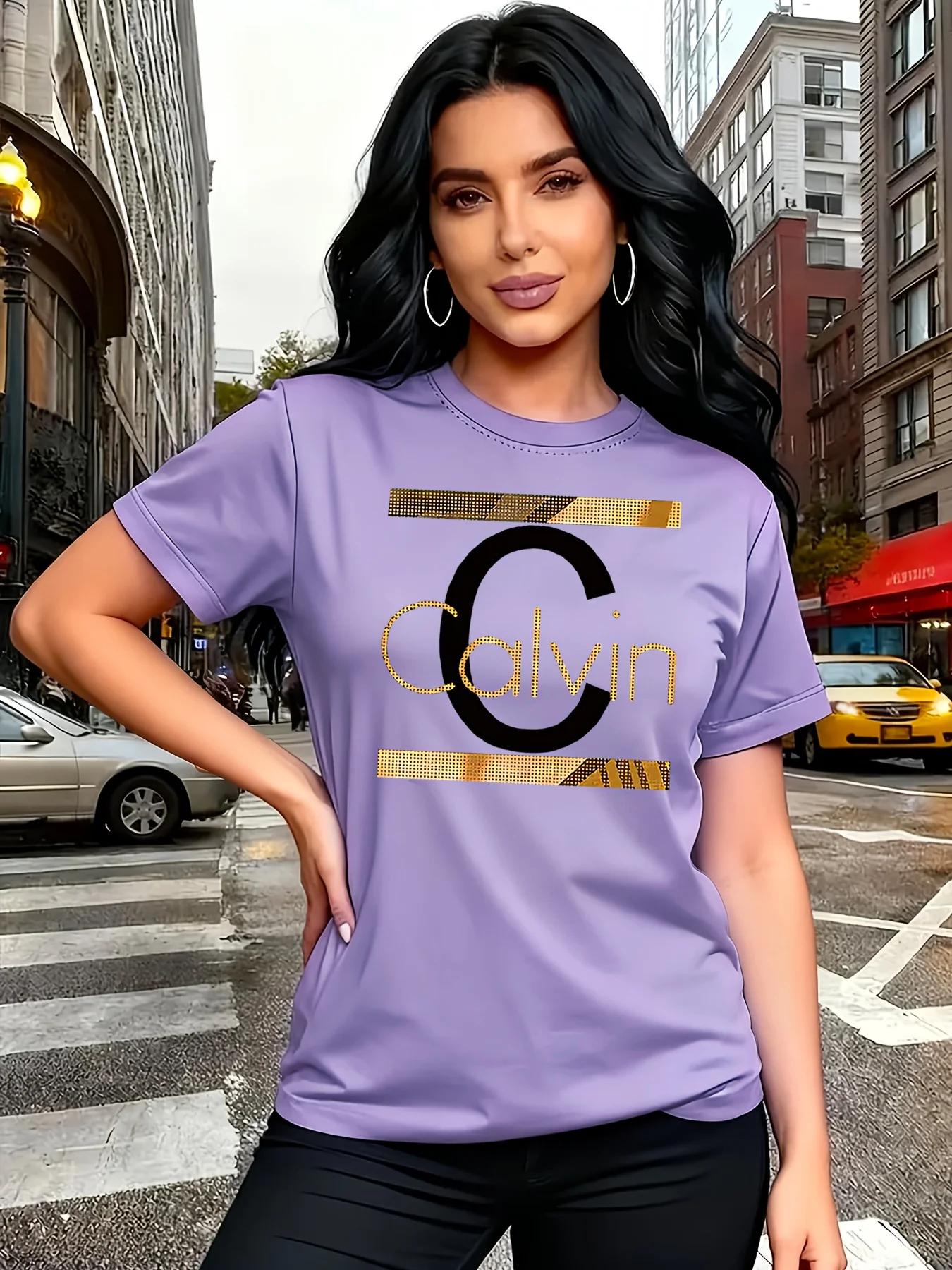 T-shirt pour femme Calvin Letter Print - Haut décontracté vert avec motif doré
