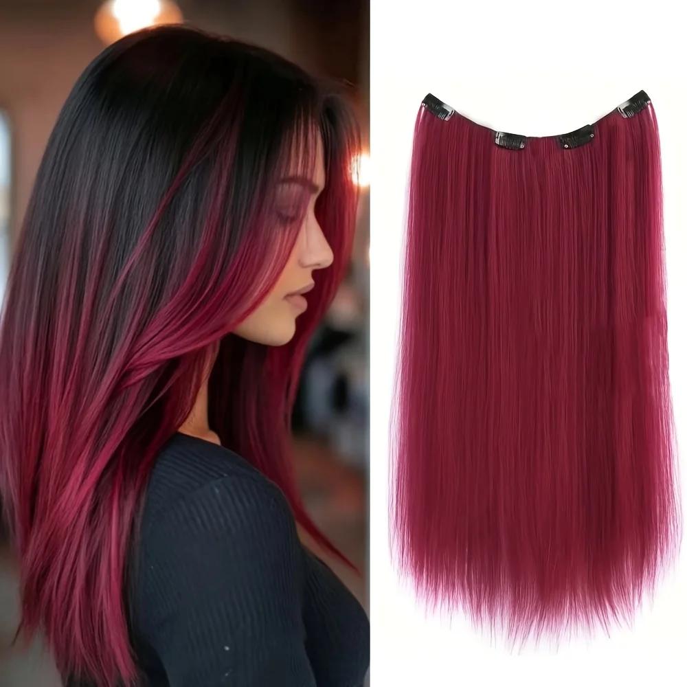 Extensions de cheveux synthétiques colorées longues et droites de 22 pouces, clips invisibles, résis