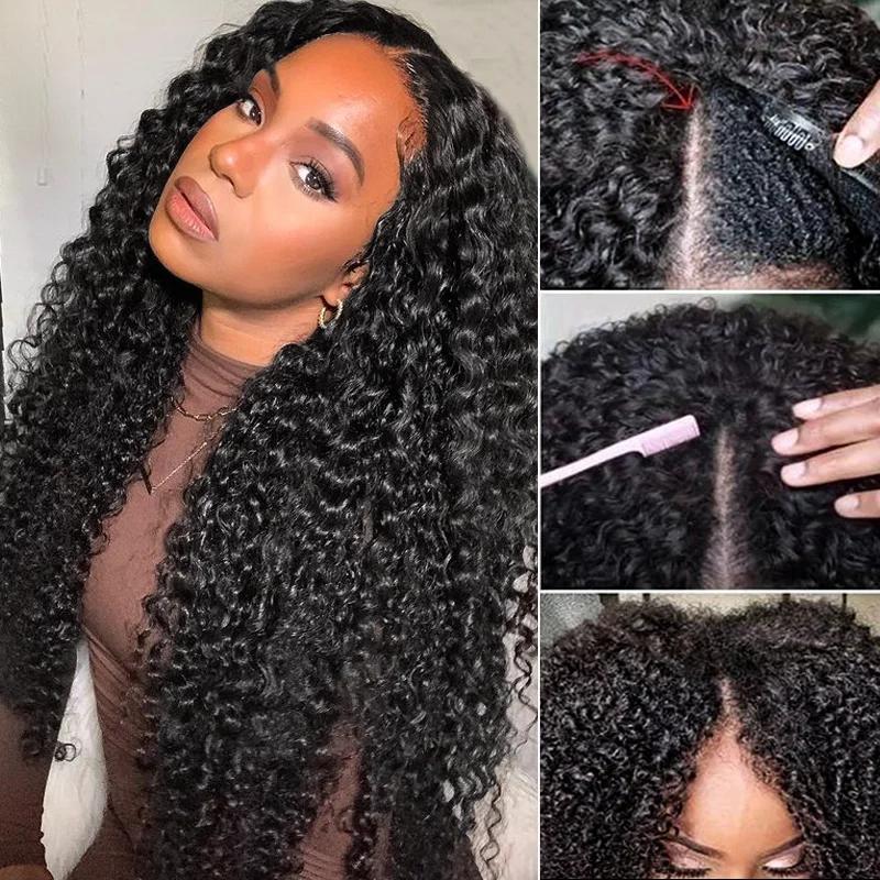 Perruque Brésilienne Bouclée en V pour Femme, Cheveux Humains Remy, Deep Wave, 250% Sans Colle, 30 3