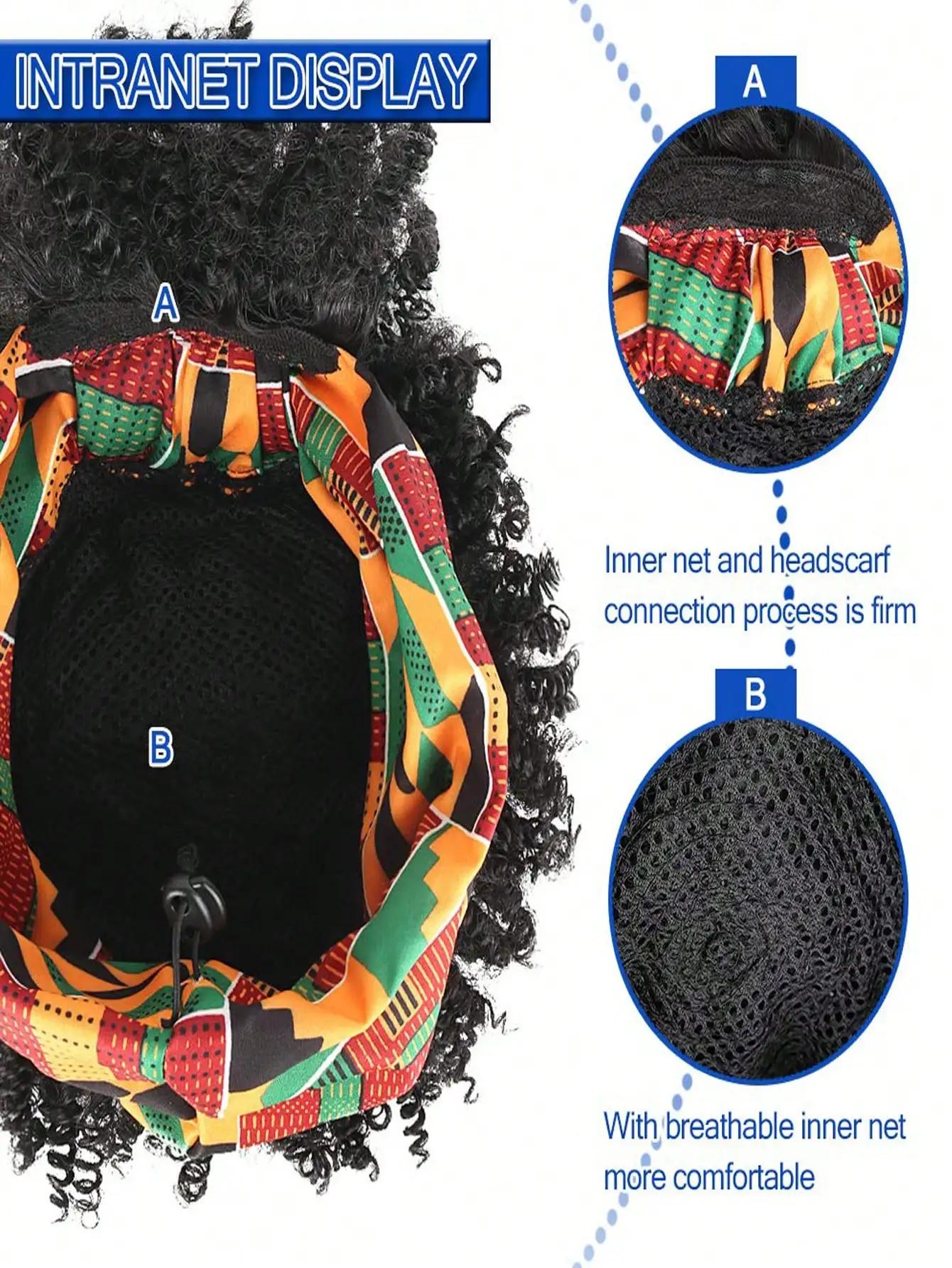 Perruque de cheveux bouclés pour femmes noires avec foulard et pompon, perruque enveloppée 2 en 1, p