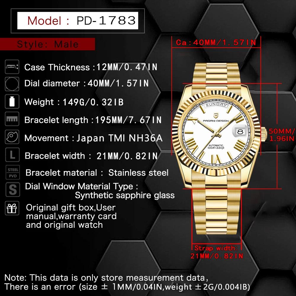Montres pour hommes PAGANI DESIGN DD40 Or Blanc Luxe Automatique TMI NH36A Date Jour Mécanique Nouve