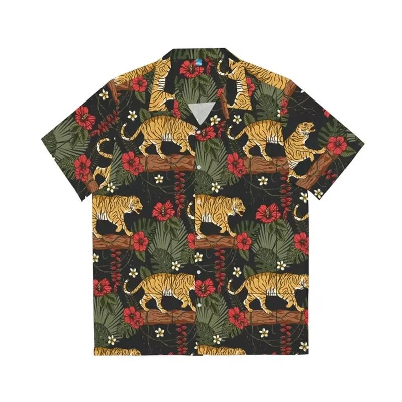  Chemise hawaïenne tigre 3D pour hommes, imprimé Animal, manches courtes, Y2K, fête sur la plage,