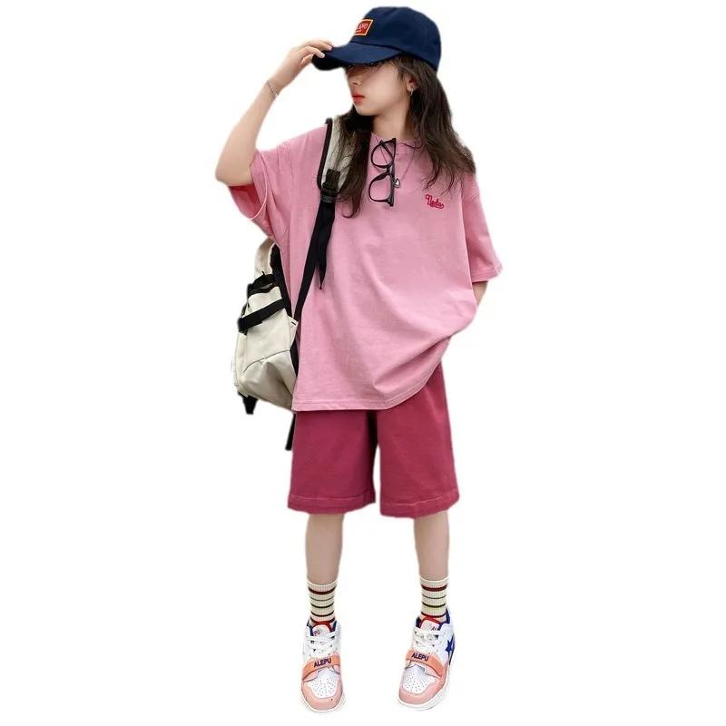 Ensemble de vêtements pour filles d'été, t-shirt en coton à imprimé alphabet + short uni, ensembles