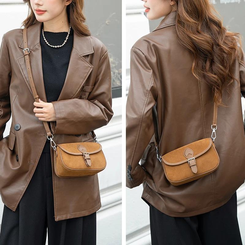 Femmes en cuir de vache petit sac à bandoulière dames rétro daim peau de vache sacs à main femme mod