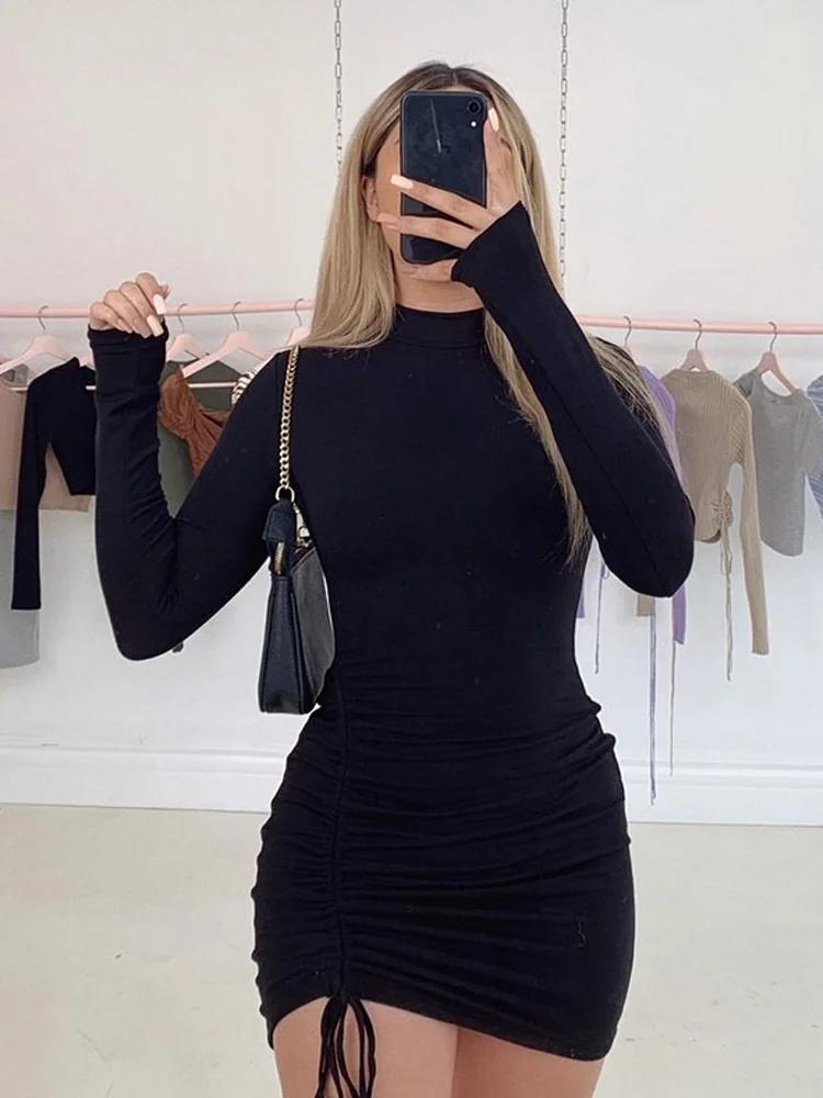 Robe moulante froncée à manches longues pour femmes, col roulé, Mini robe à bandes, noire, slim, ext