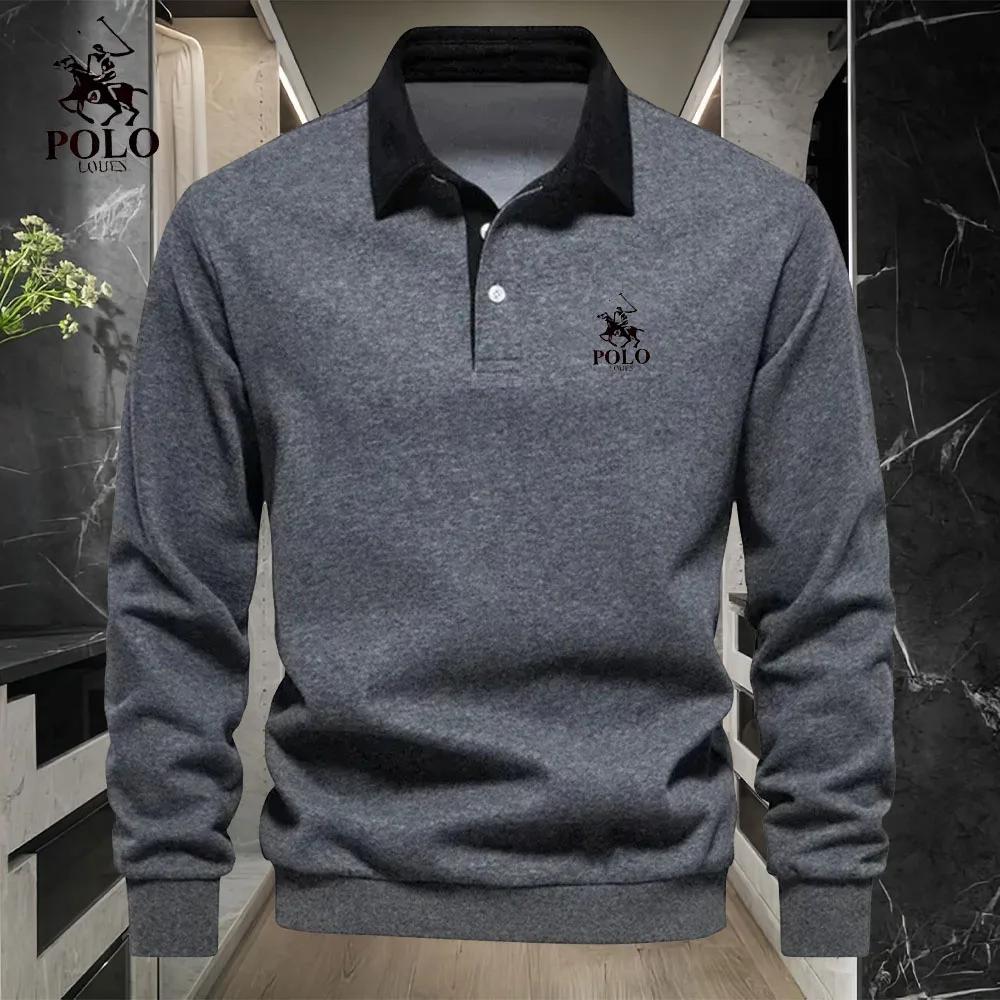 Polo luxe homme brodé manches longues - Haut mode business casual printemps automne polyvalent