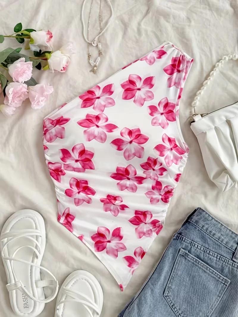 Haut court pour femme, haut court élégant à une épaule, débardeur imprimé floral, design asymétrique