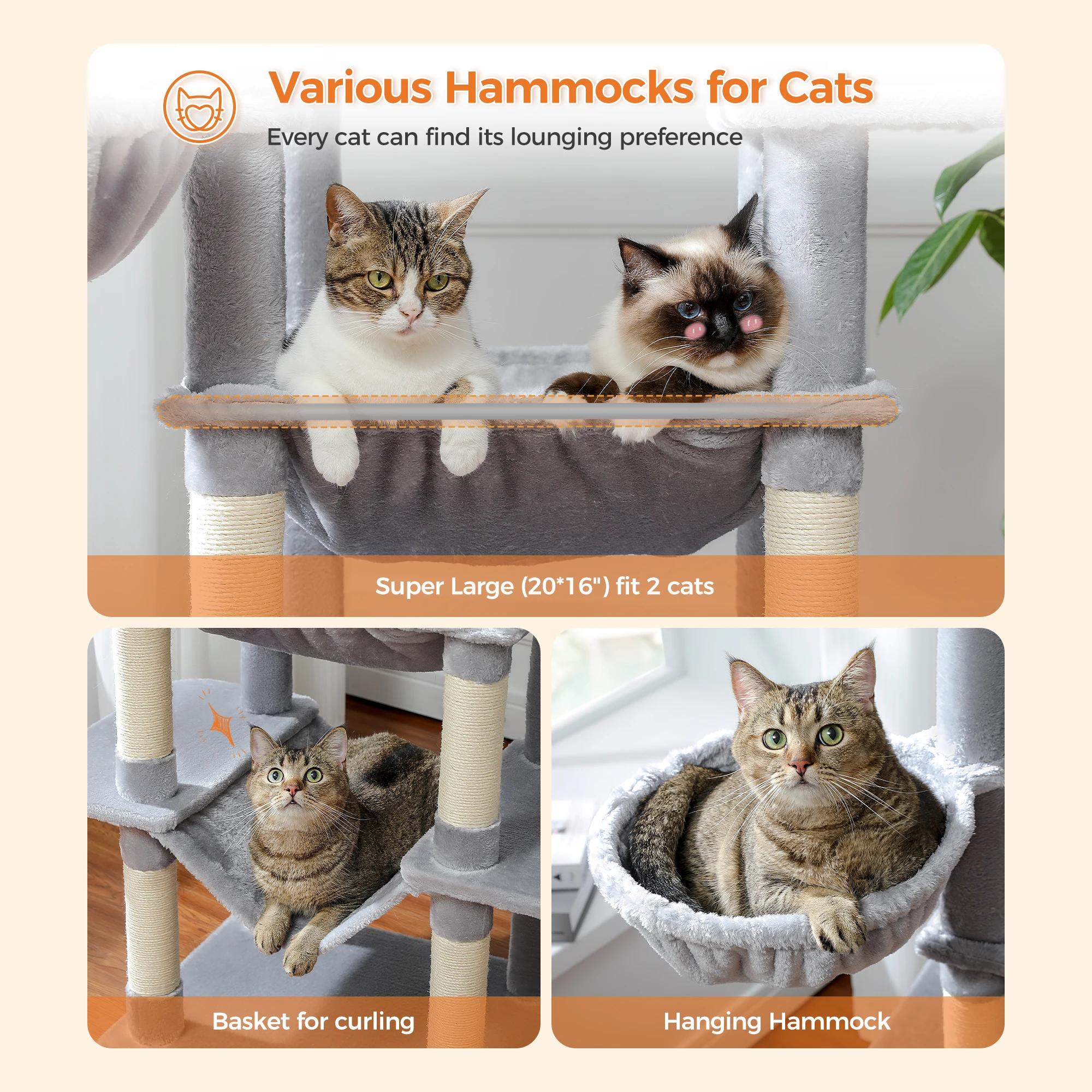 Grand arbre à chat pour grands chats d'intérieur, tour de chat haute pour gros chats avec hamac supe