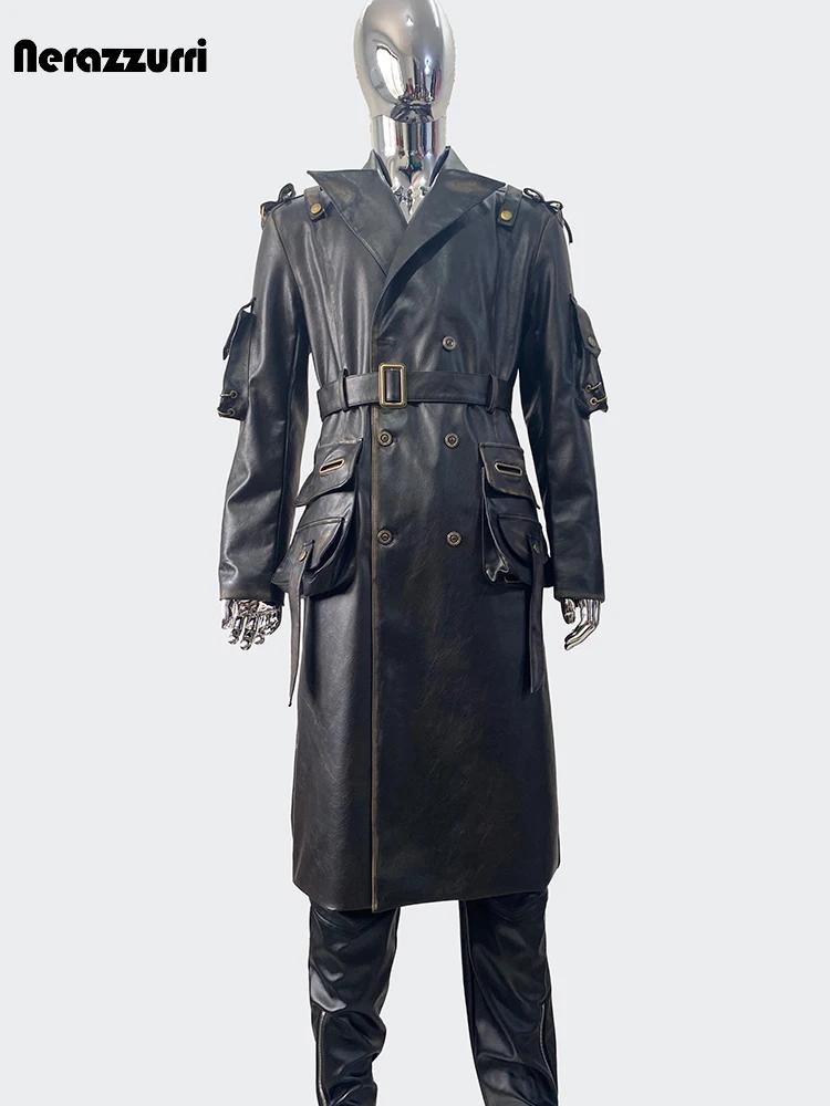 Nerazzurri printemps automne Cool Long imperméable en détresse noir Pu cuir Trench manteau hommes ce