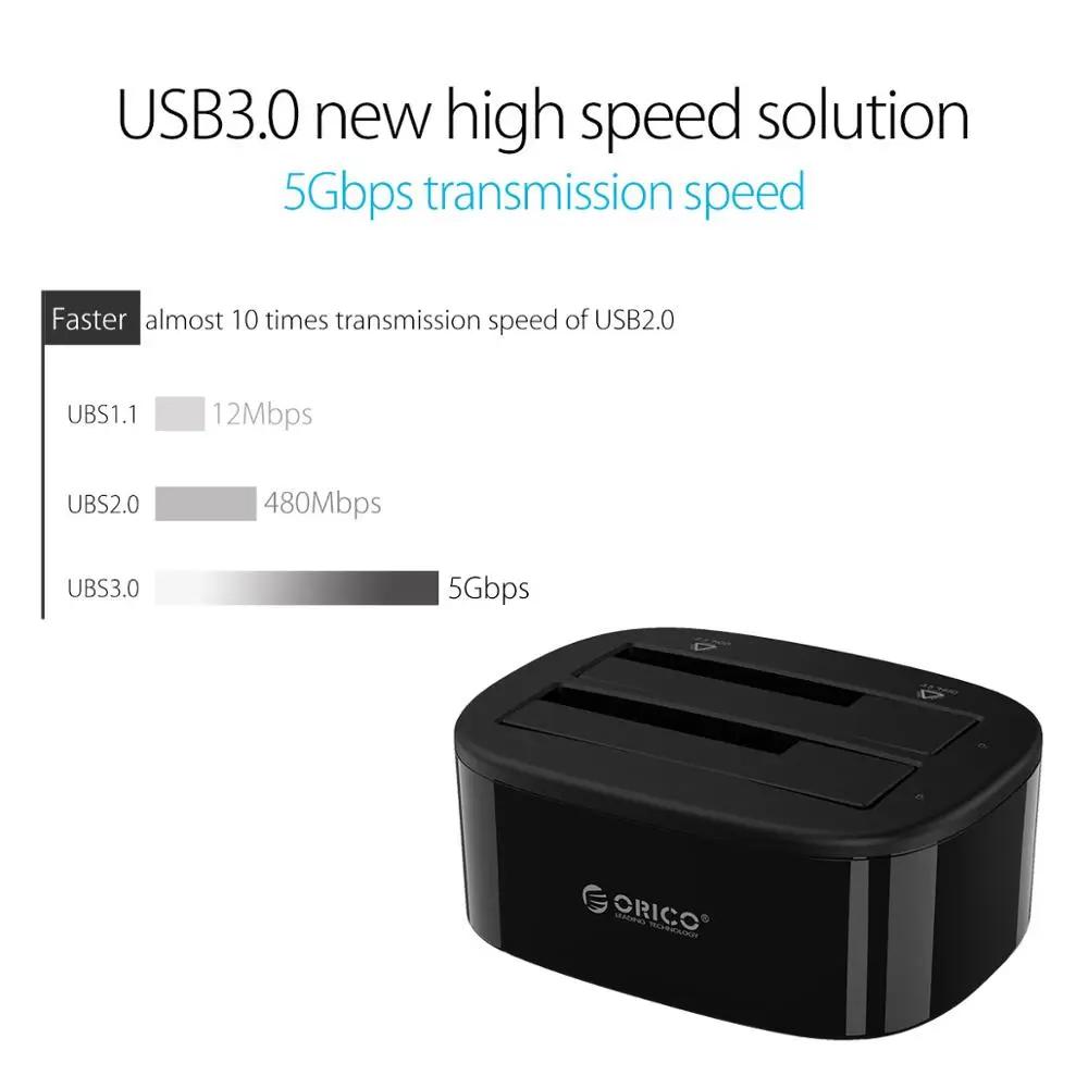 ORICO Station d'accueil pour disque dur double baie pour 2.5/3.5 pouces HDD SSD SATA vers USB 3.0 St