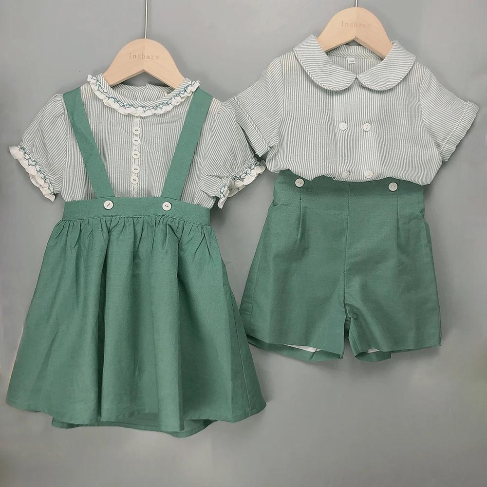 Boutique de vêtements pour enfants, tenue à rayures pour garçons et filles, ensemble en coton et lin
