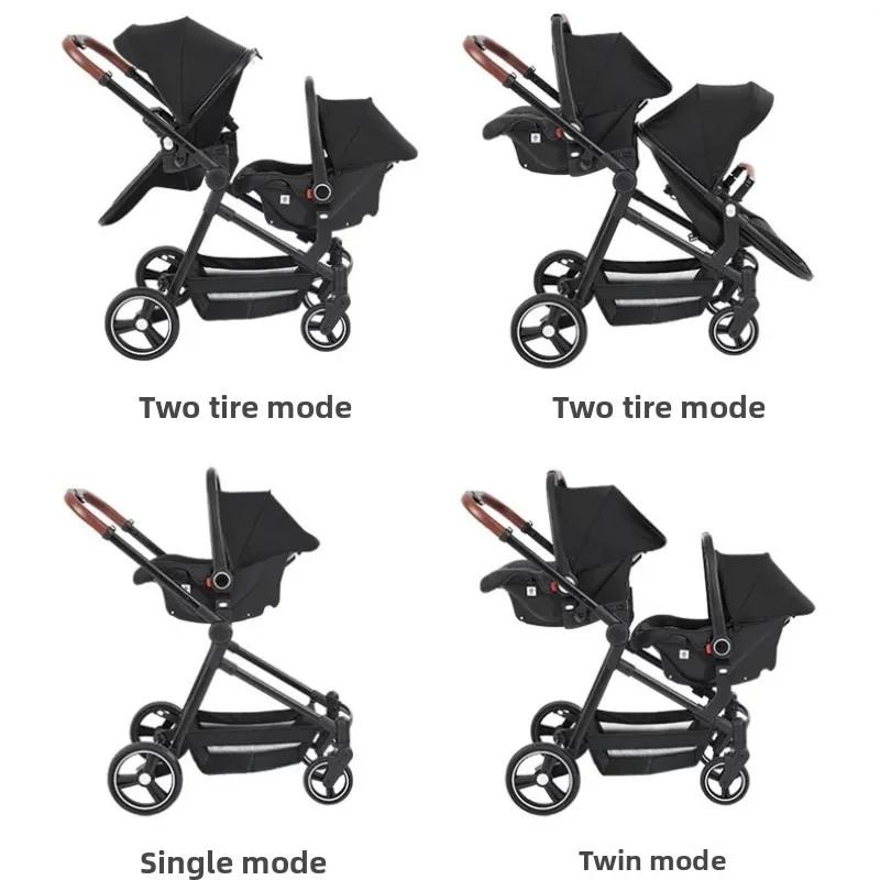 Poussette double neuve avec 2 sièges auto, poussette double multifonctionnelle légère et portable 3