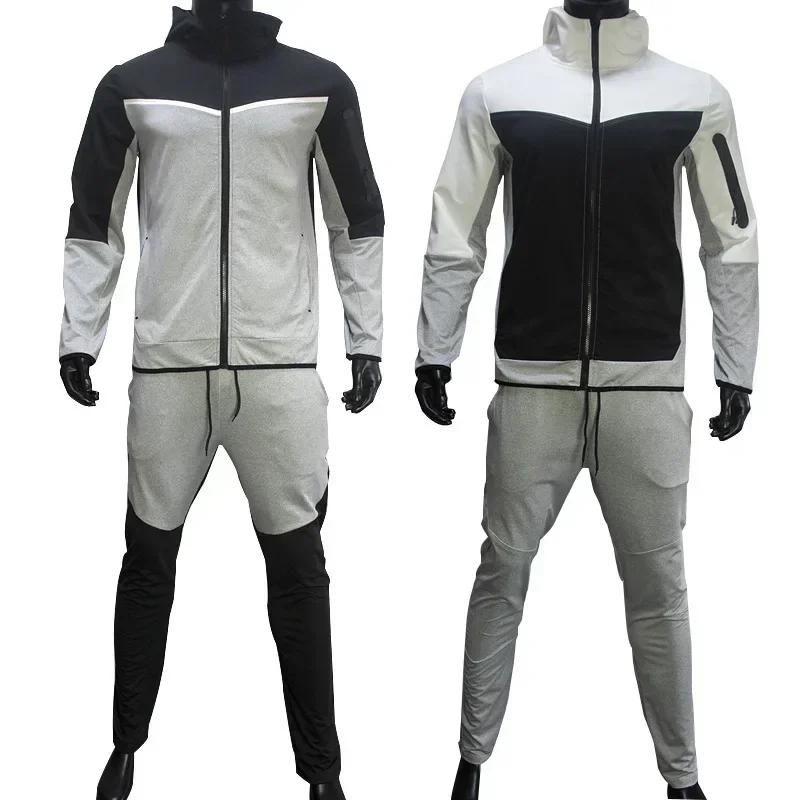 Ensembles de course à capuche pour hommes, survêtements décontractés patchwork, veste à glissière et